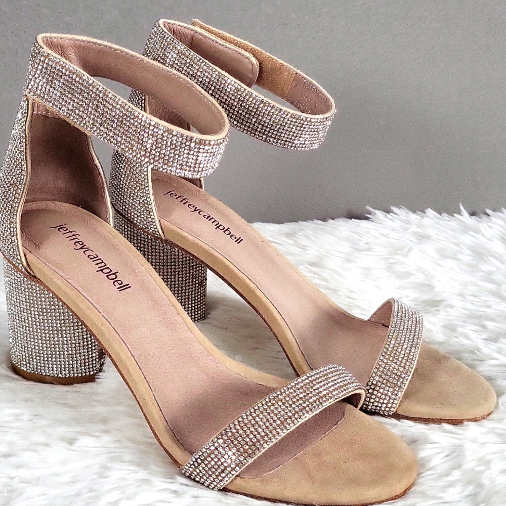 Jeffrey Campbell Laura-JS Ankle Strap Rhinestone Block Heel Shoes, Sz 6.5